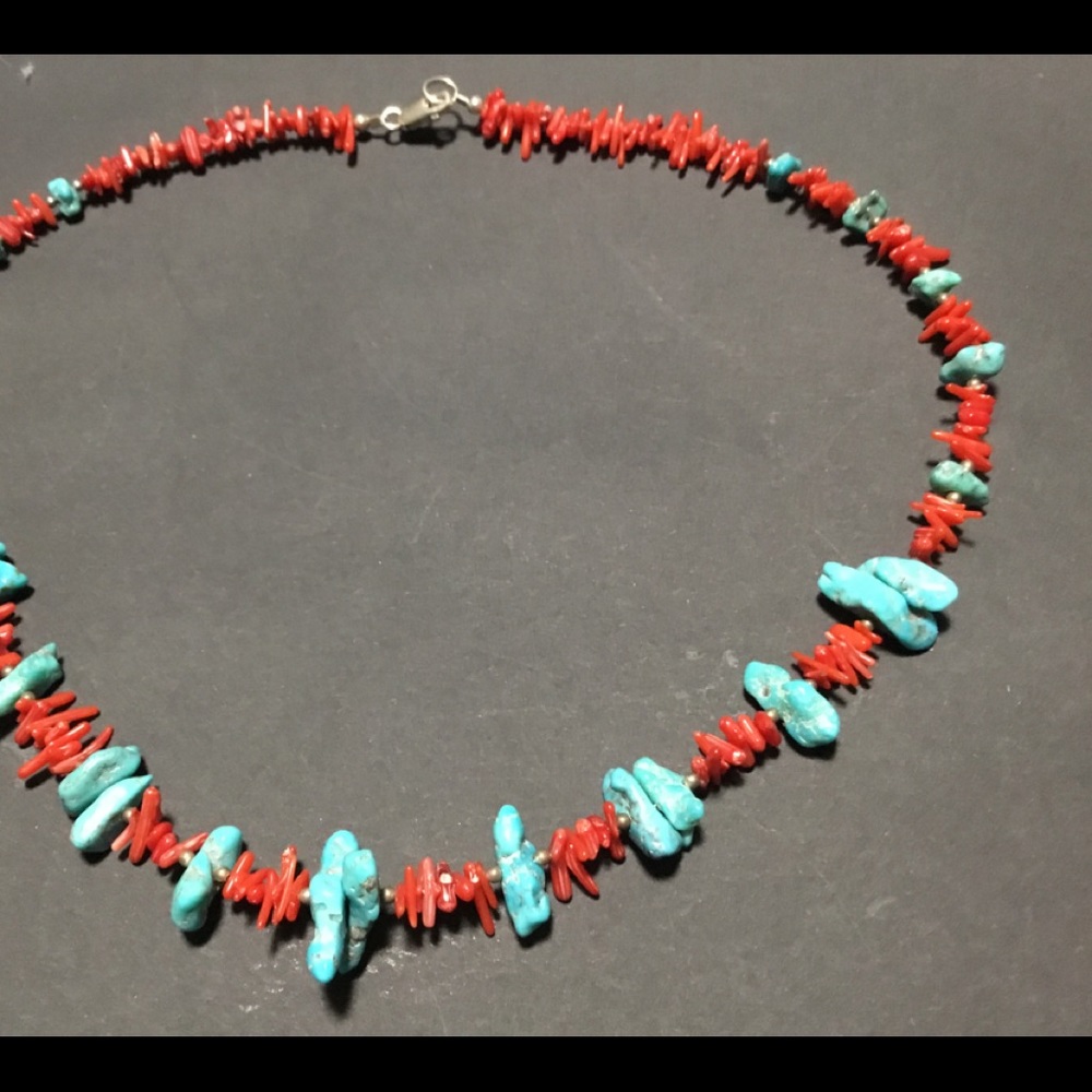 Faux turquoise and coral necklace..925 jump ring